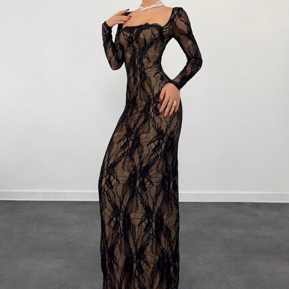 Black Casual Women's Sexy Lace Long Sleeve Corset Collar Slim Fit Floor Dress - Picture 4 of 6